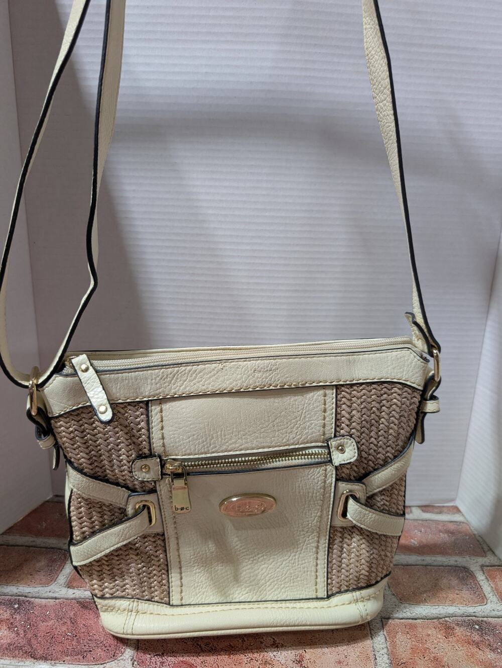 B.O.C. Born of Concepts Tan Faux Leather Straw Crossbody Logo Purse Shoulder Bag